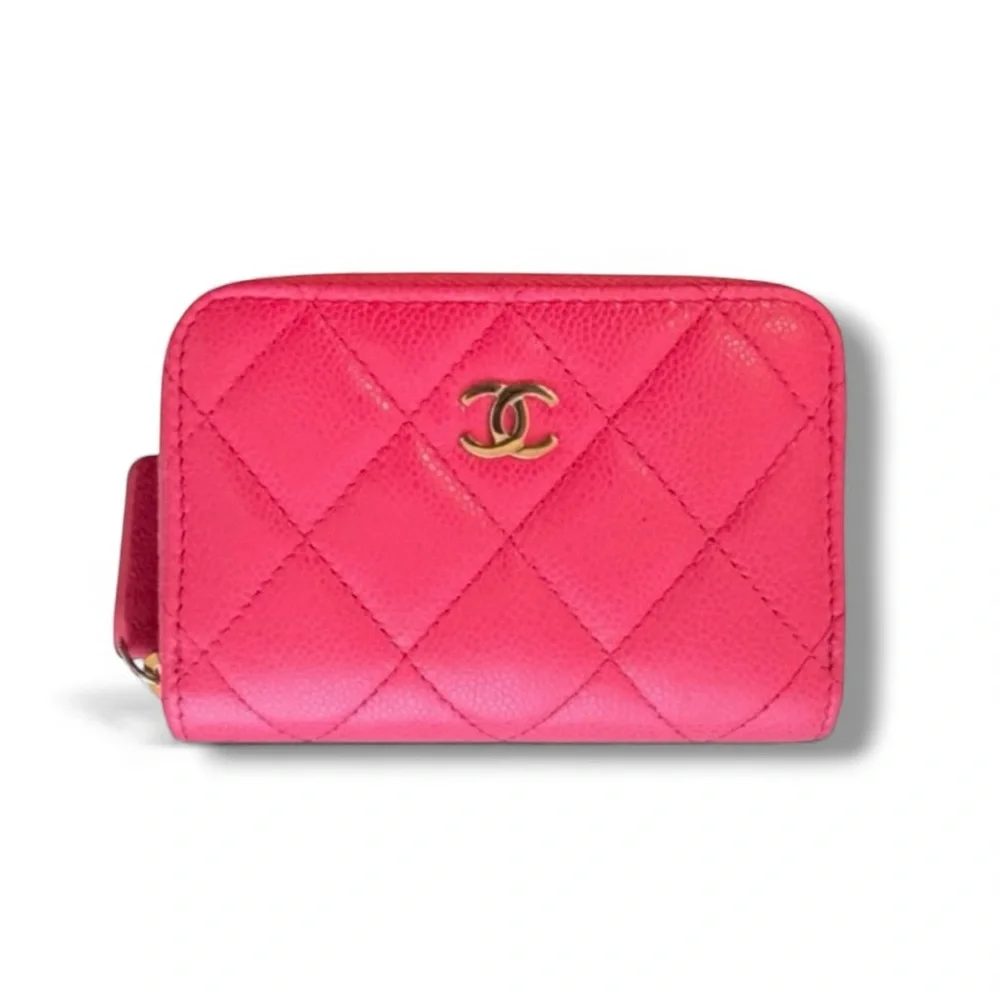 💗CHANEL Zip Coin Purse Wallet Quilted Hot Pink CAVIAR CC Logo Gold-Tone Hardware
